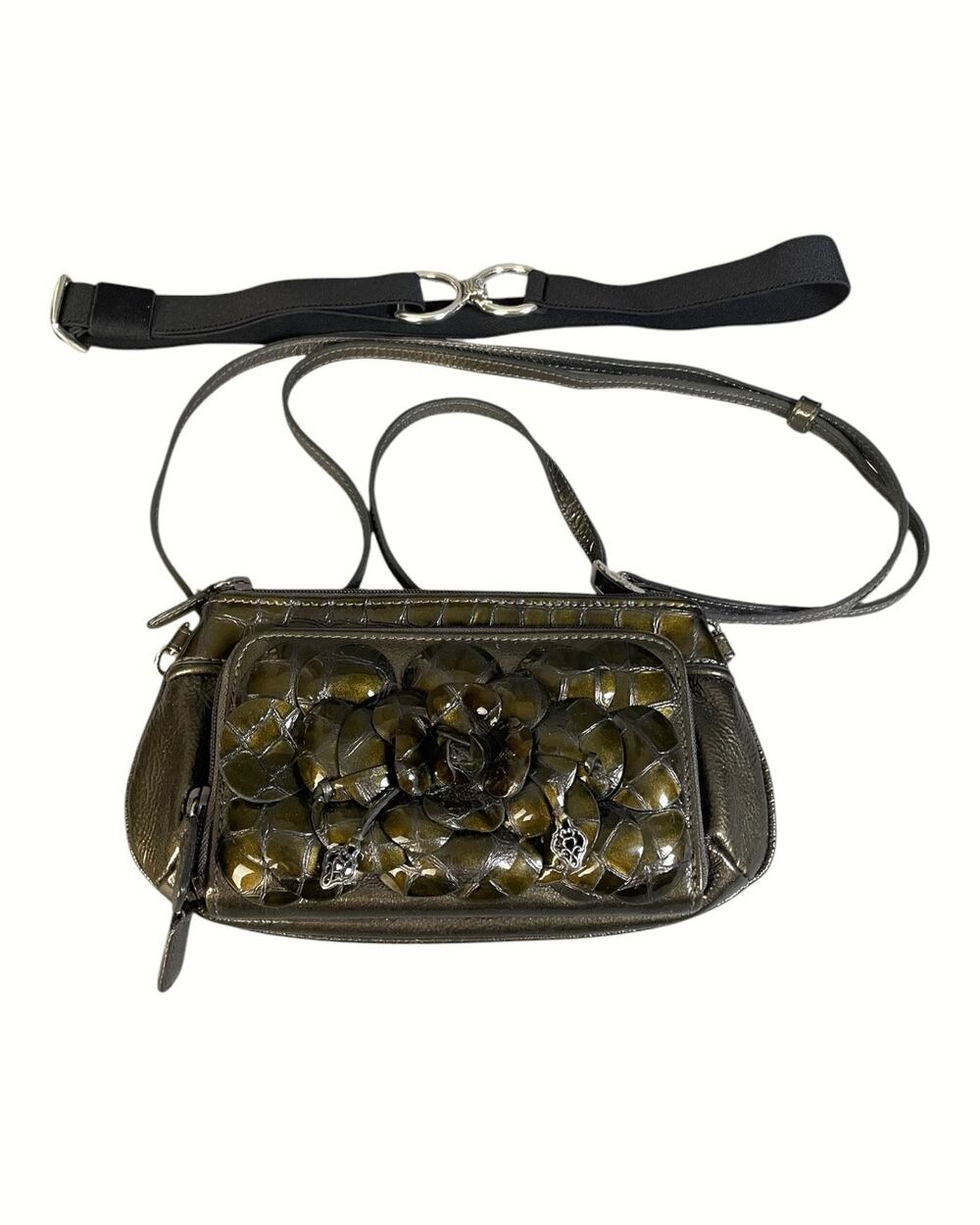 Brighton Rosalie Green 3D Patent Flower Organizer Clutch Crossbody Or Waist Bag